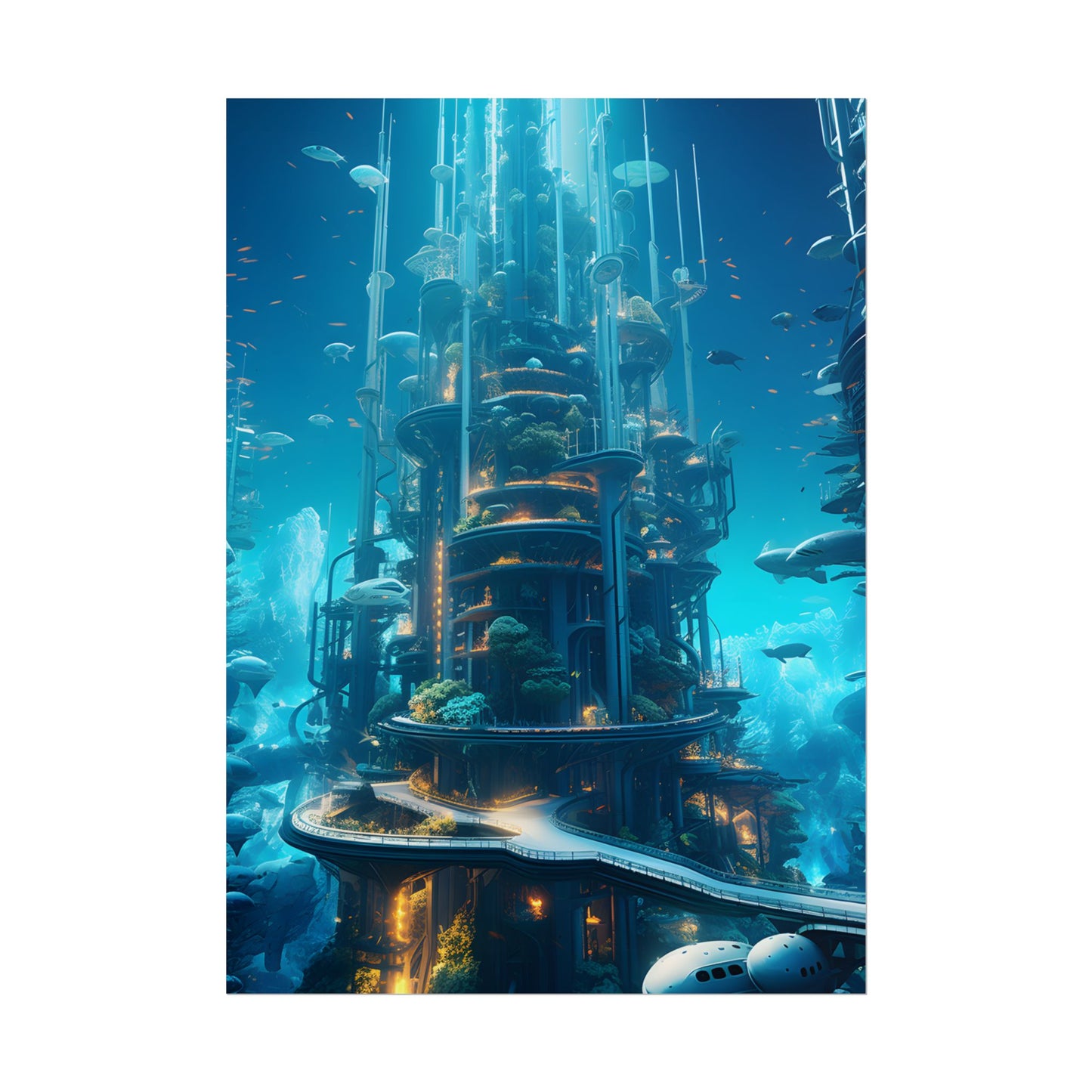 Submerged Metropolis: A Futuristic Underwater Cityscape - Digital Art - Poster