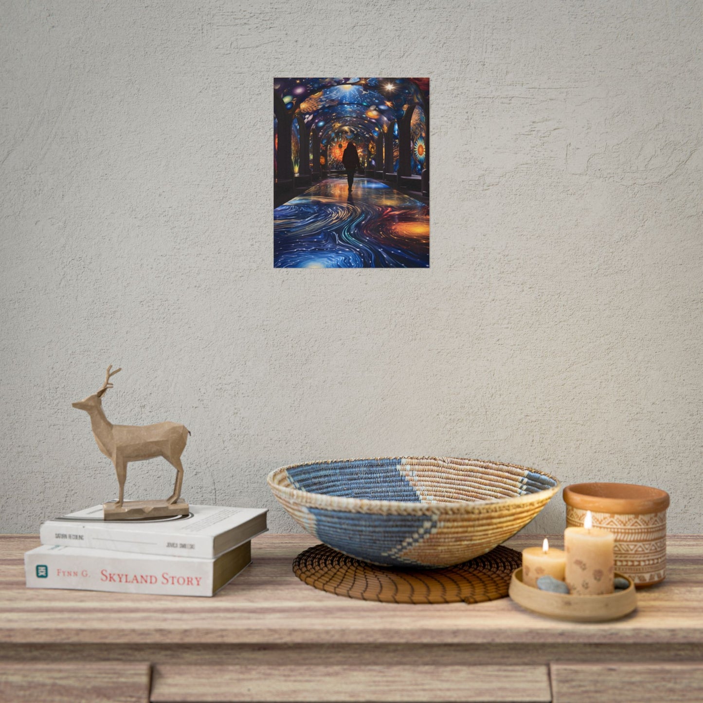 Celestial Art Gallery: Vibrant Space-Themed Artwork in a Colorful Interior - Poster