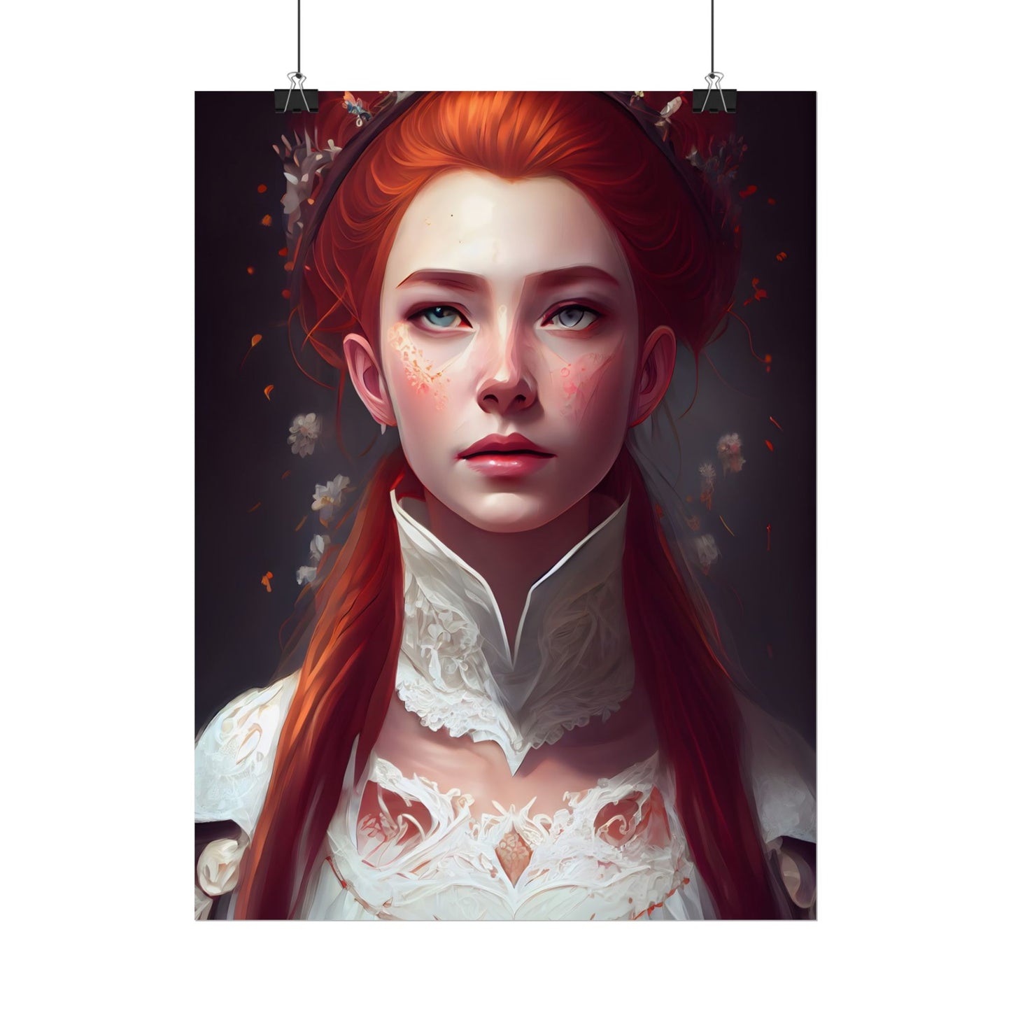 Soft Glow Redhead Portrait: Elegant Female Artwork in Dress - Poster