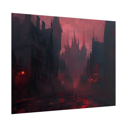 Dark Gothic Cityscape: A Serene Misty Dusk Scene - Poster