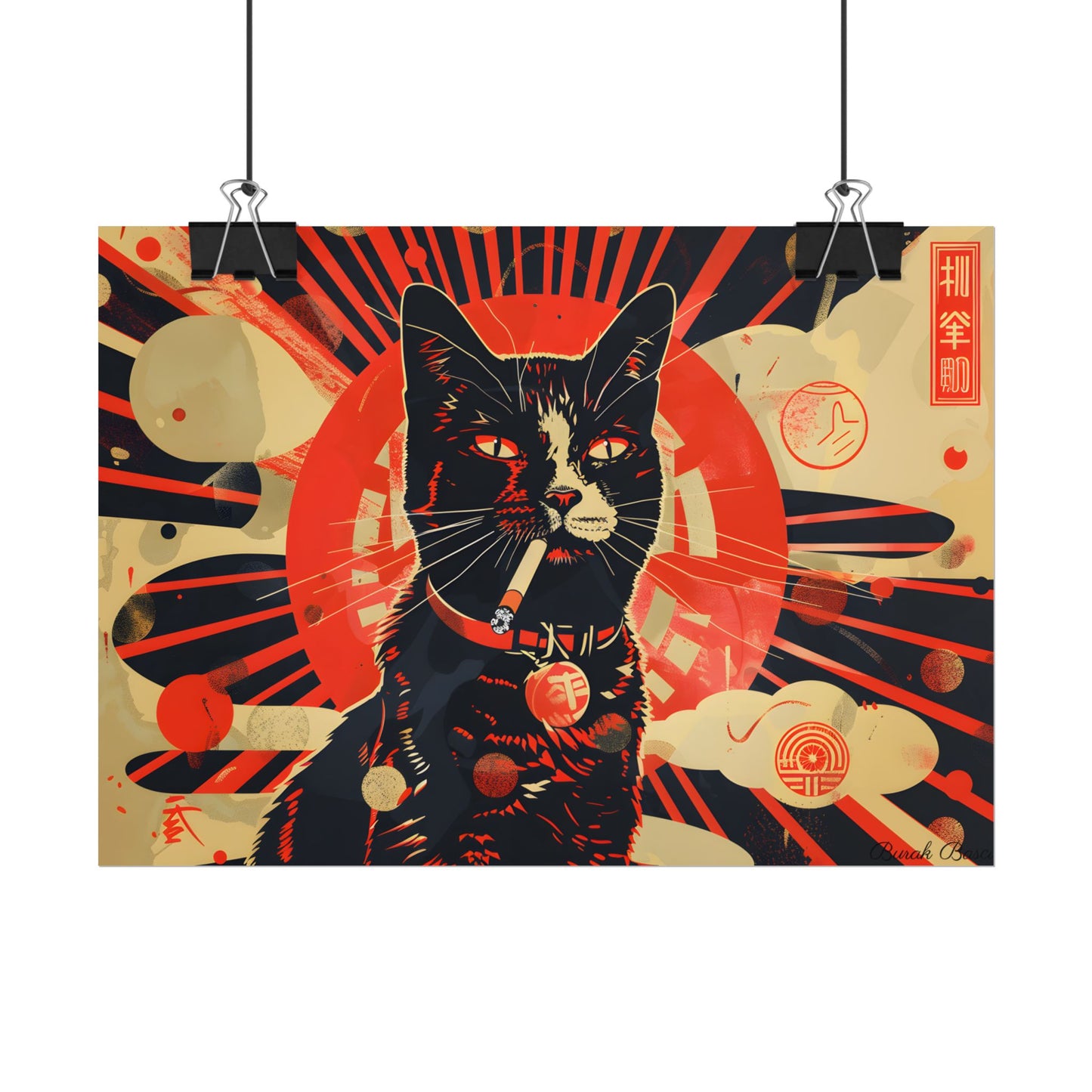 Vintage Whimsy: Cat Smokes Cigarette on Blue Background - Poster