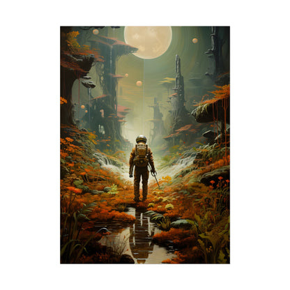 Futuristic Explorer in Wilderness: Digital Artwork - Poster