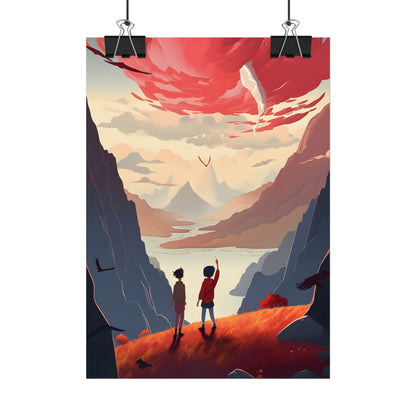 Serene Meadow Scene: Girl & Boy Under Cloudy Sky - Poster