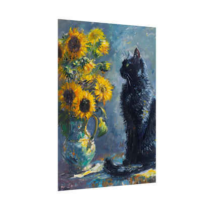 Whimsical Black Cat by Sunflowers: Serene Garden Art - Poster