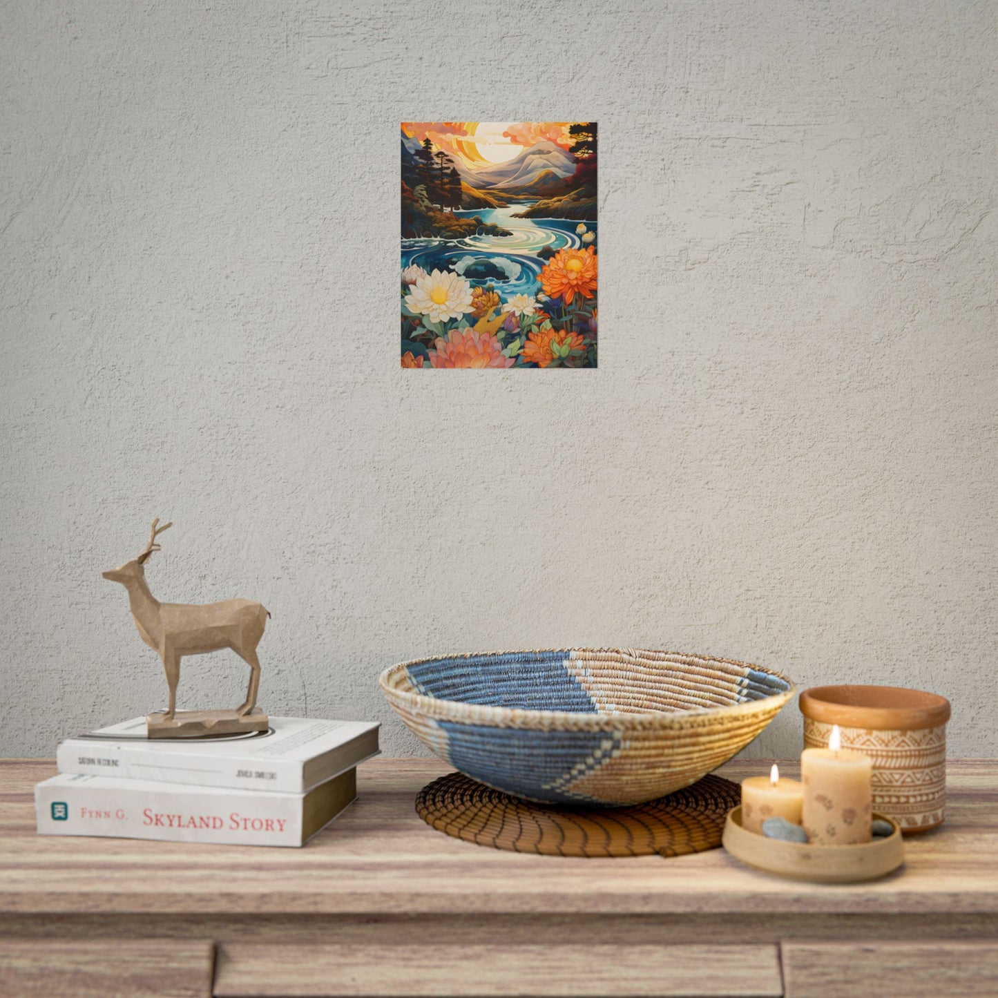 Peaceful River Landscape: Flowers Blooming - Poster