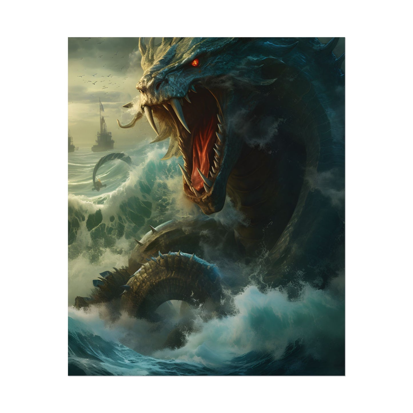 Mythical Sea Monster: Calming Green Scaled Creature Art - Poster