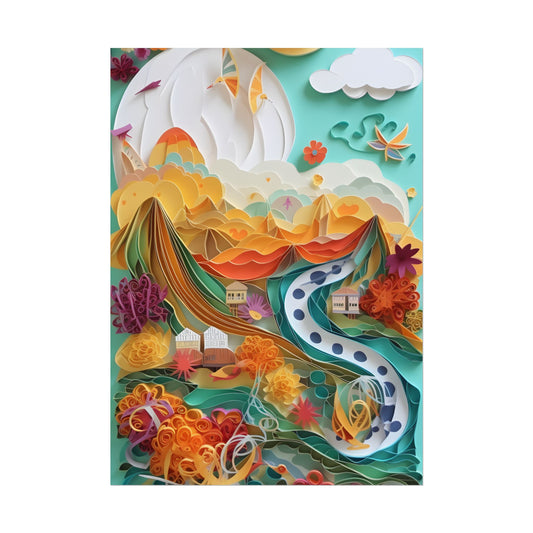 Quilled Island Oasis: Serene Paper Art Landscape - Poster