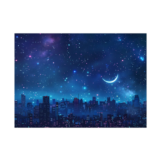 Dark Blue Dreams: A Starry Night Sky with Crescent Moon - Poster