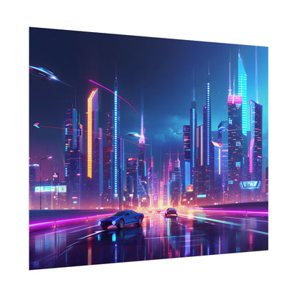 Futuristic City Glow: Neon Lights Digital Art - Poster