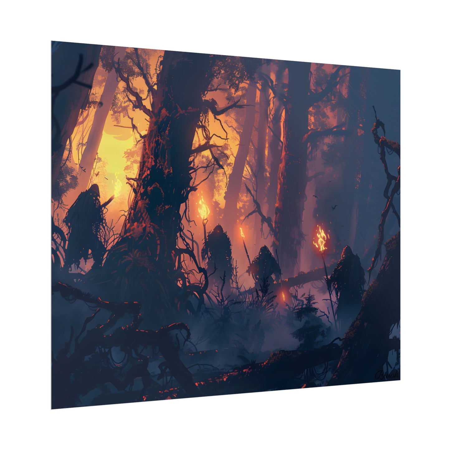 Forest Gathering at Sunset: Peaceful Woodland Scene - Poster