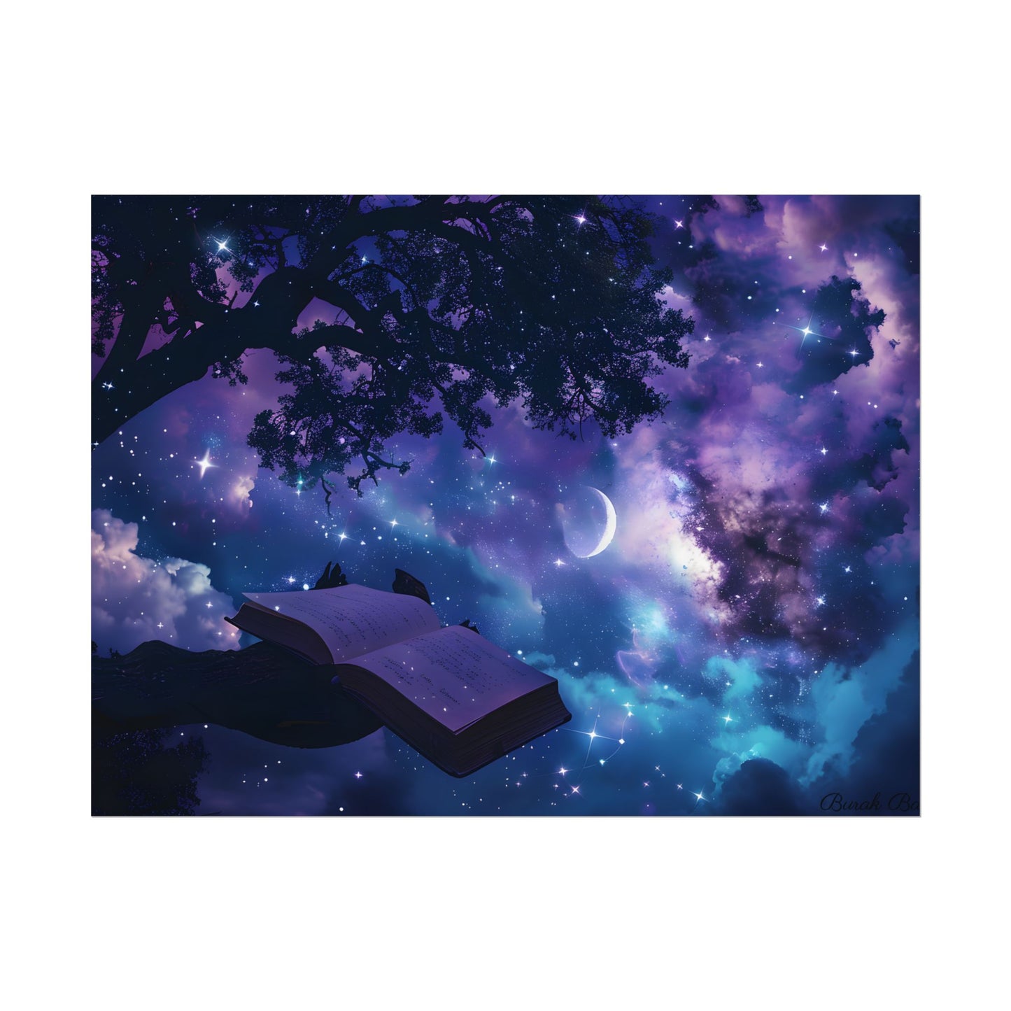 Mystical Night Sky: Celestial Dreams with Crescent Moon Art - Poster
