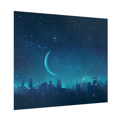 Starry Night Sky: Tranquil Dark Blue Scene with Crescent Moon - Poster