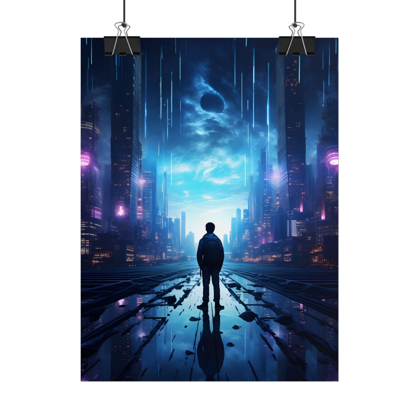 Cyberpunk Cityscape at Night: Melancholic Landscape Digital Art - Poster
