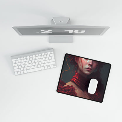 Vibrant Redhead Portrait: Female Artwork in Red Dress - Desk Mat
