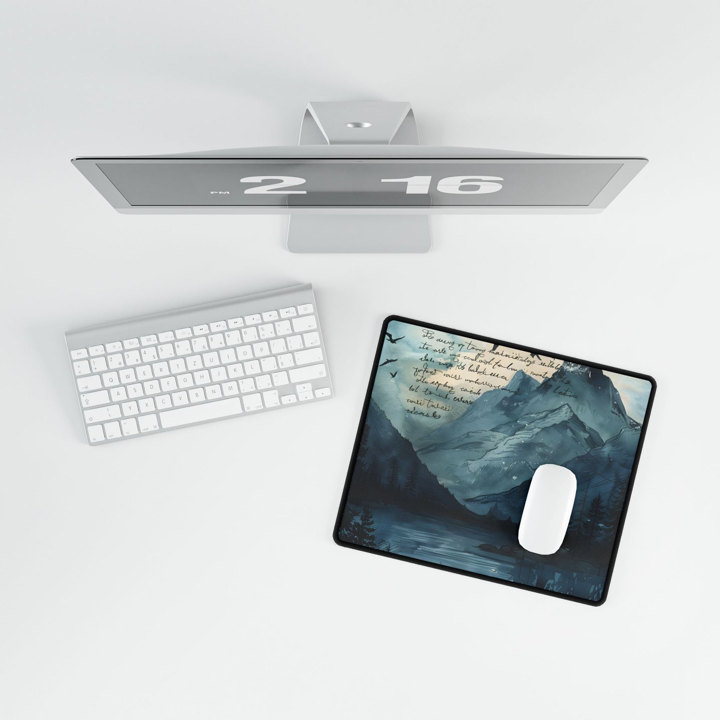 Vibrant Mountain Landscape: Birds in Flight Over Serene Lake - Desk Mat