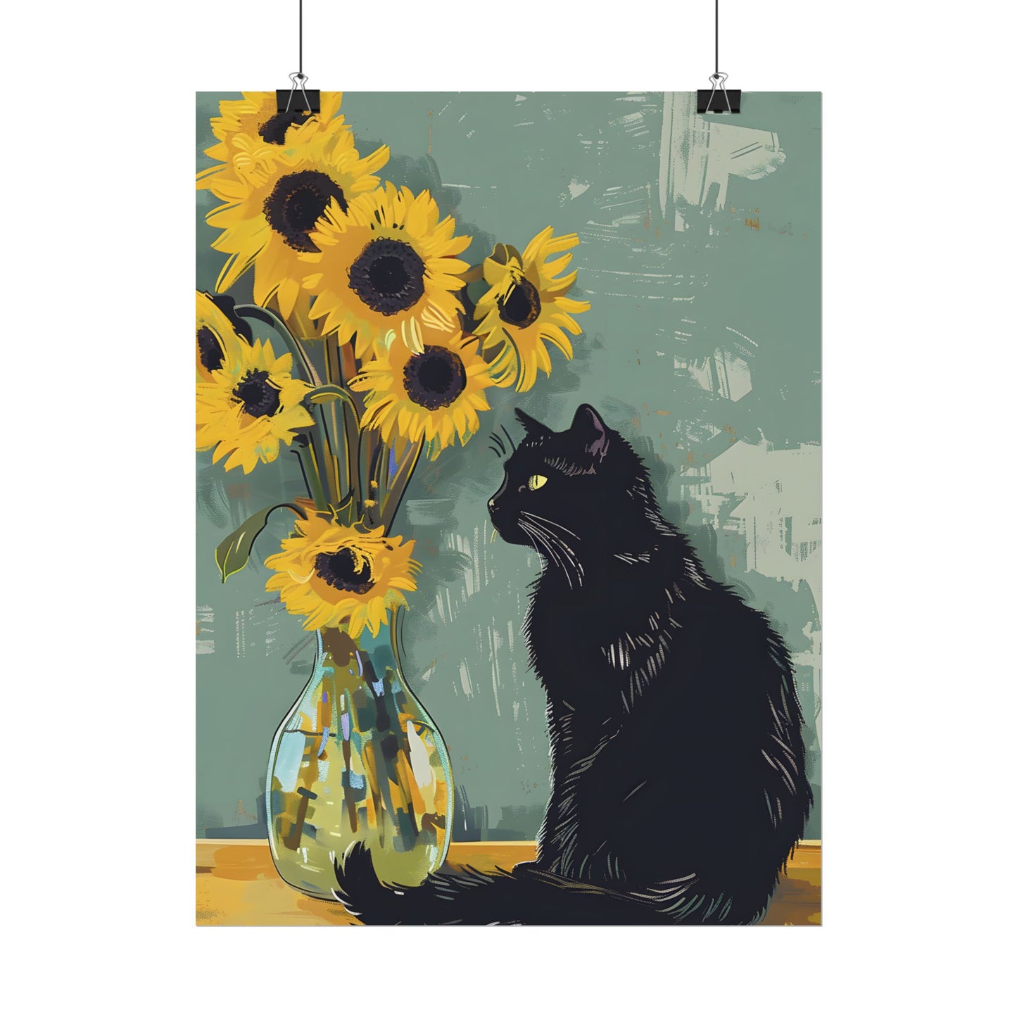 Whispers in the Sun: A Black Cat's Serene Moment with Sunflowers - Poster