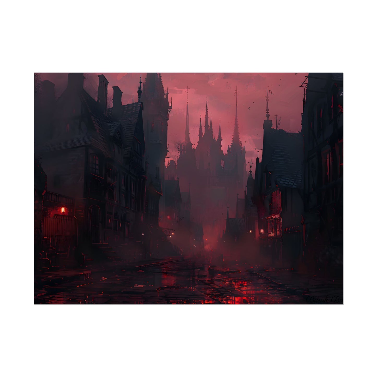 Dark Gothic Cityscape: A Serene Misty Dusk Scene - Poster