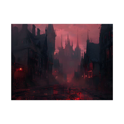 Dark Gothic Cityscape: A Serene Misty Dusk Scene - Poster