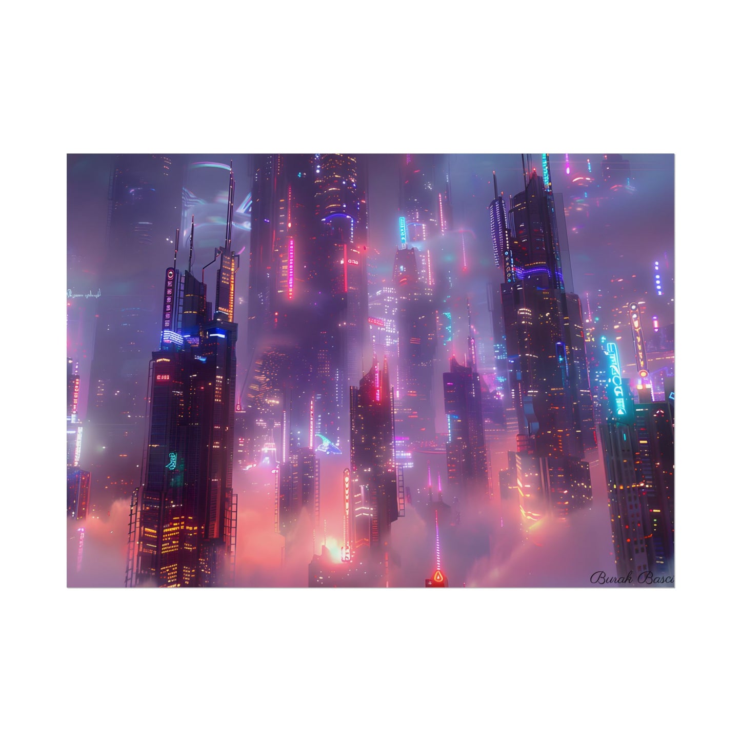 Neon Futuristic Cityscape: Graphic Modern Art - Poster