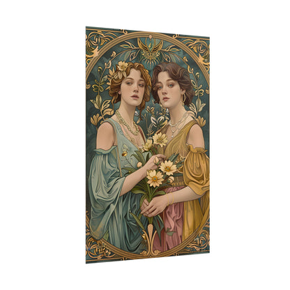 Two Women in Ornate Attire Holding Primr: Traditional Turkish Artwork - Poster