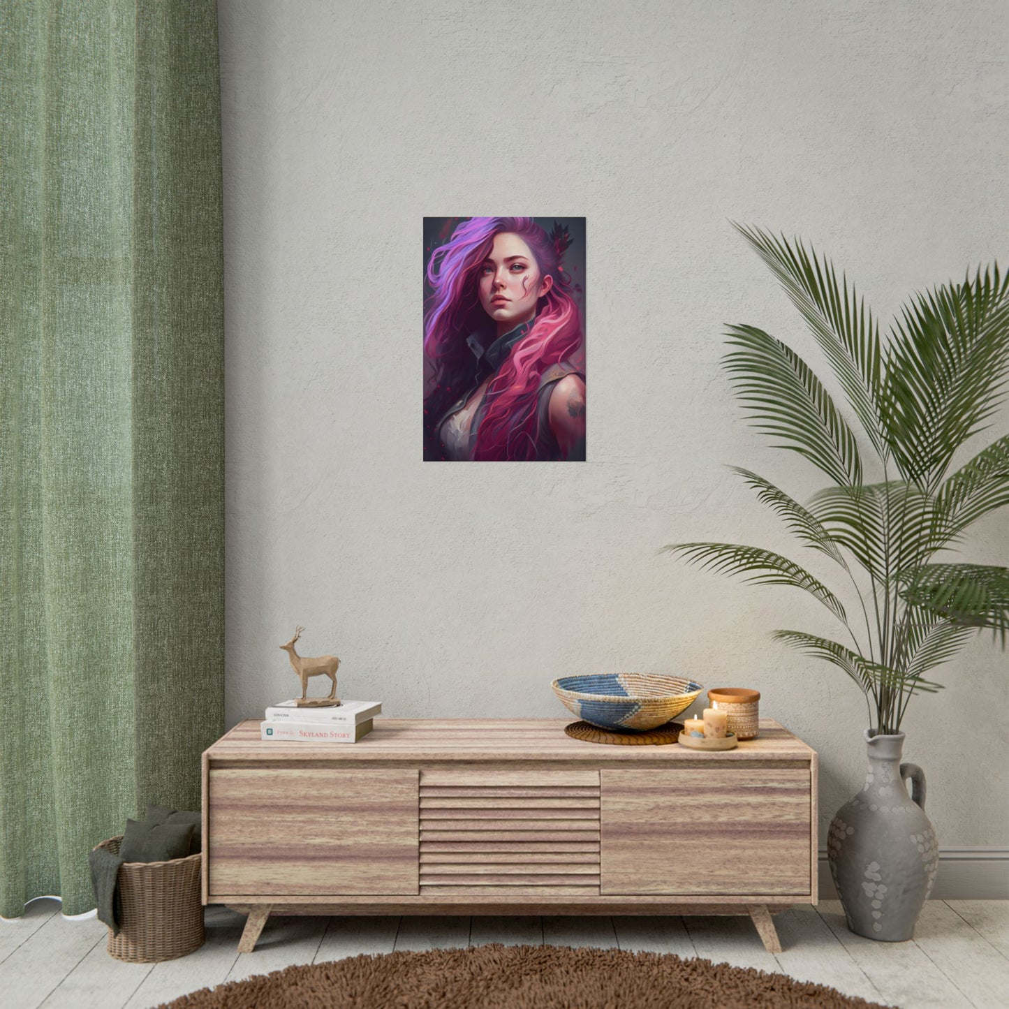 Astonishing Female Portrait: Stylized Pink Hair Artwork in Dre - Poster