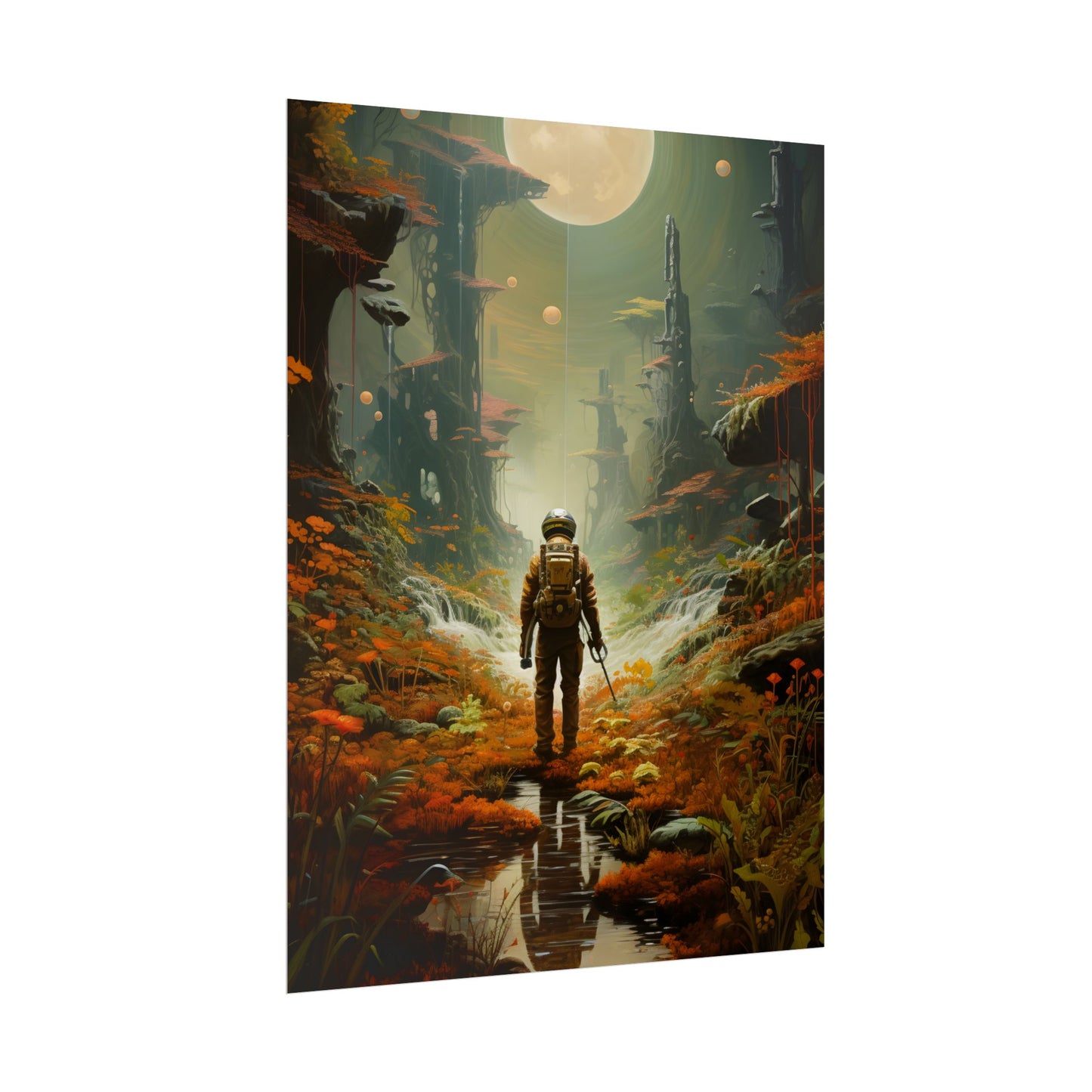 Futuristic Explorer in Wilderness: Digital Artwork - Poster