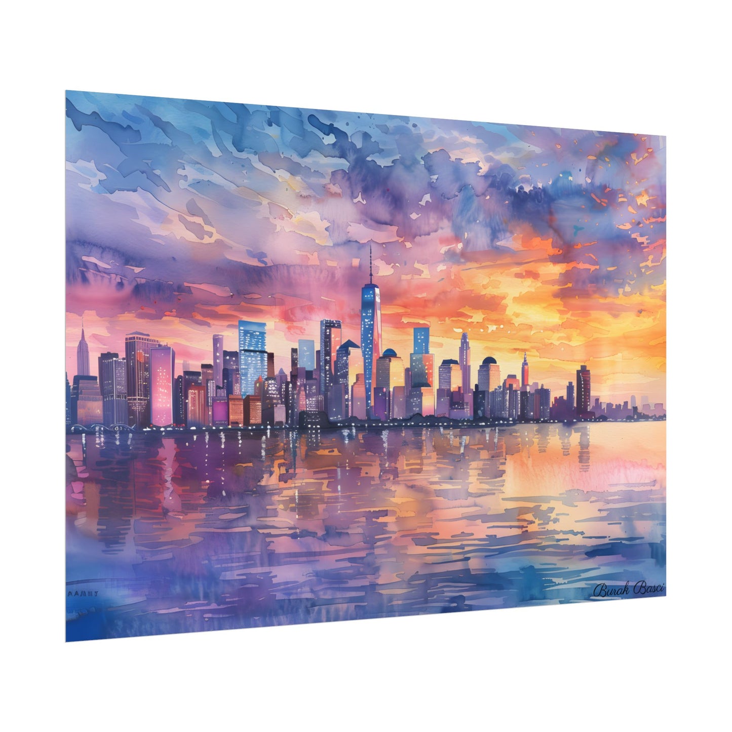 Serene NYC Sunset: Watercolor Skyline Reflections - Poster