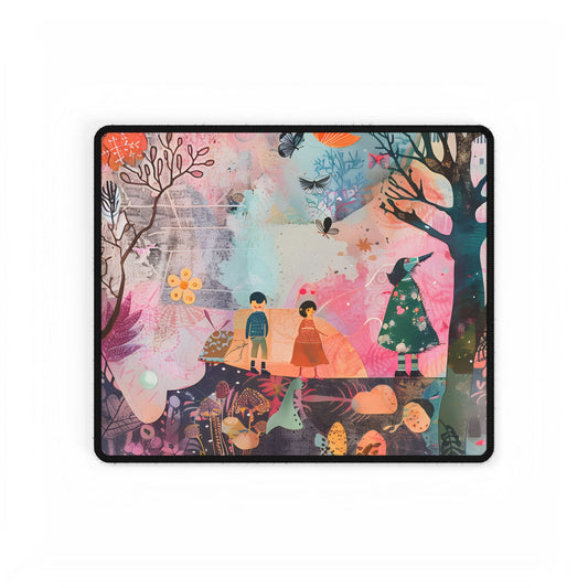 Colorful Whimsy: Blue Fish, Yellow Bird, Pink Cat Art Collage - Desk Mat