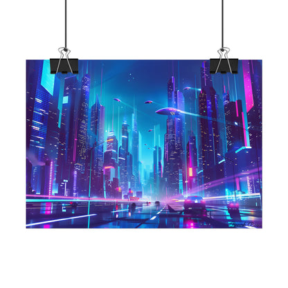 Futuristic Neon City: Towering Skyscrapers in a Vibrant Nighttime Sky - Poster