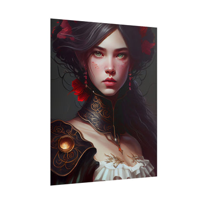 Elegant Black Hair Portrait in White Dress - Poster