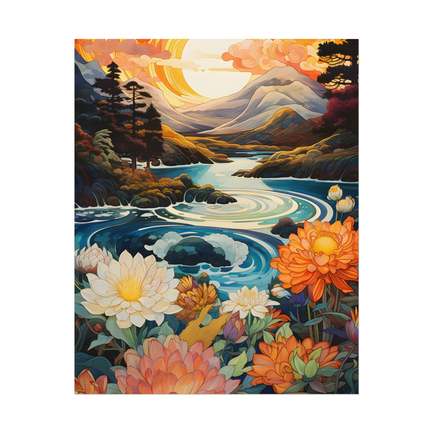 Peaceful River Landscape: Flowers Blooming - Poster