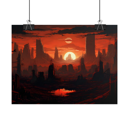 Cyberpunk Nighttime Cityscape: Burning City Digital Art - Poster