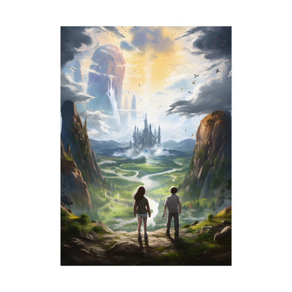 Girl and Boy in Serene Meadow: A Moment on Cloudy Hill - Poster