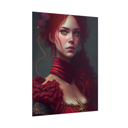 Vibrant Redhead Portrait: Female Artwork in Red Dress - Poster