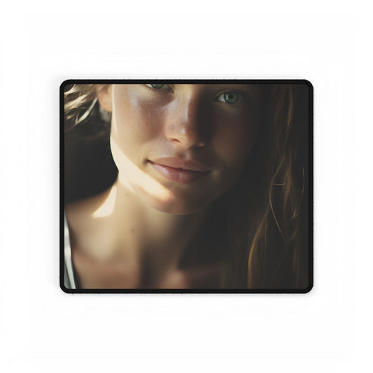 Grinning Woman: Close-Up Portrait with Joyful Expression - Desk Mat