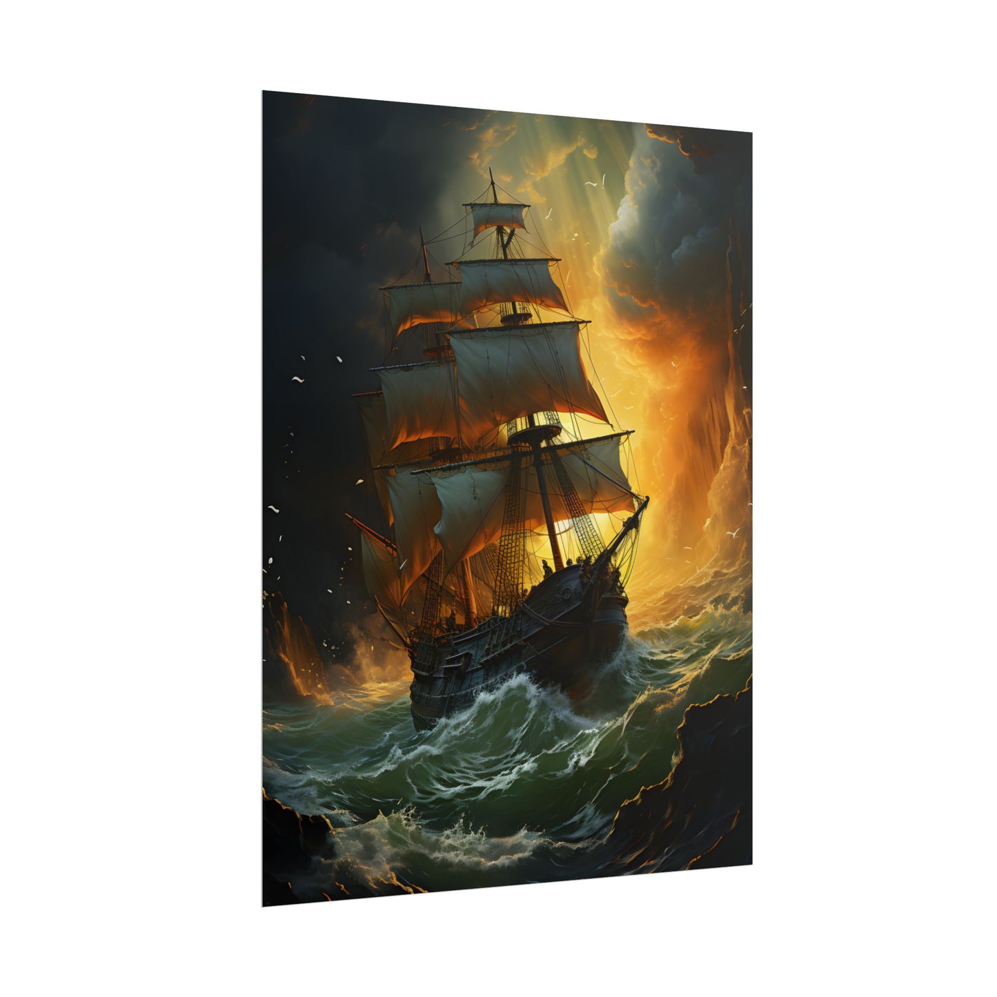 Mostly Green Seascape: Magnificent Oil Painting of a Ship - Poster