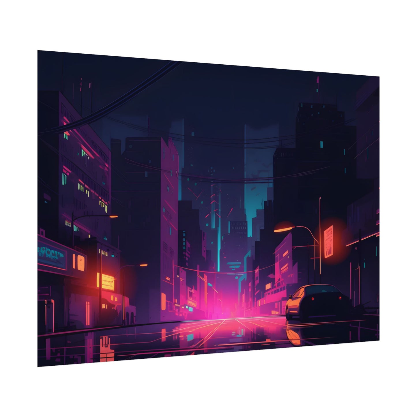 Cyberpunk Night: Moody Cityscape with Unique Architecture - Poster