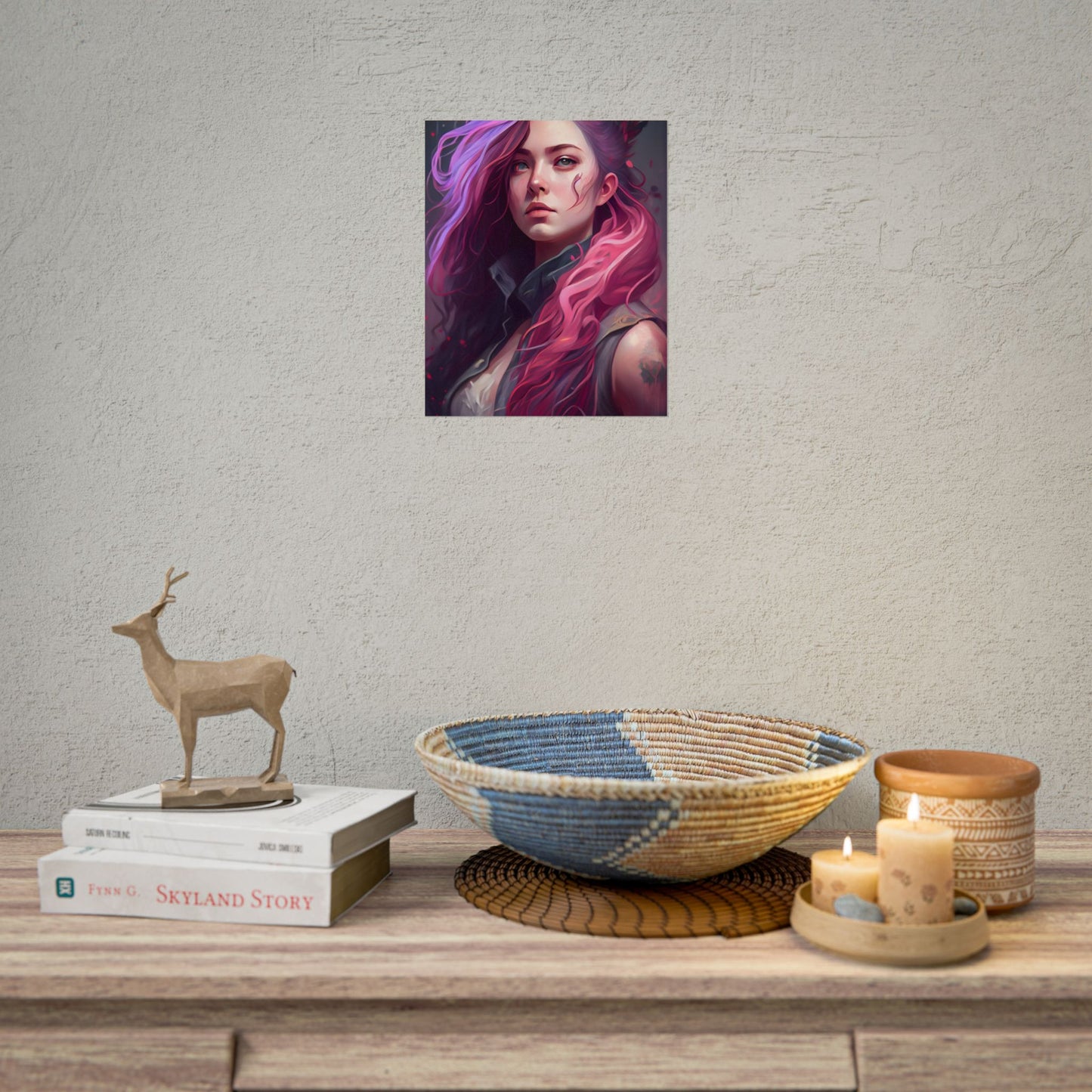 Astonishing Female Portrait: Stylized Pink Hair Artwork in Dre - Poster