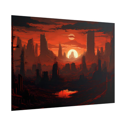 Cyberpunk Nighttime Cityscape: Burning City Digital Art - Poster