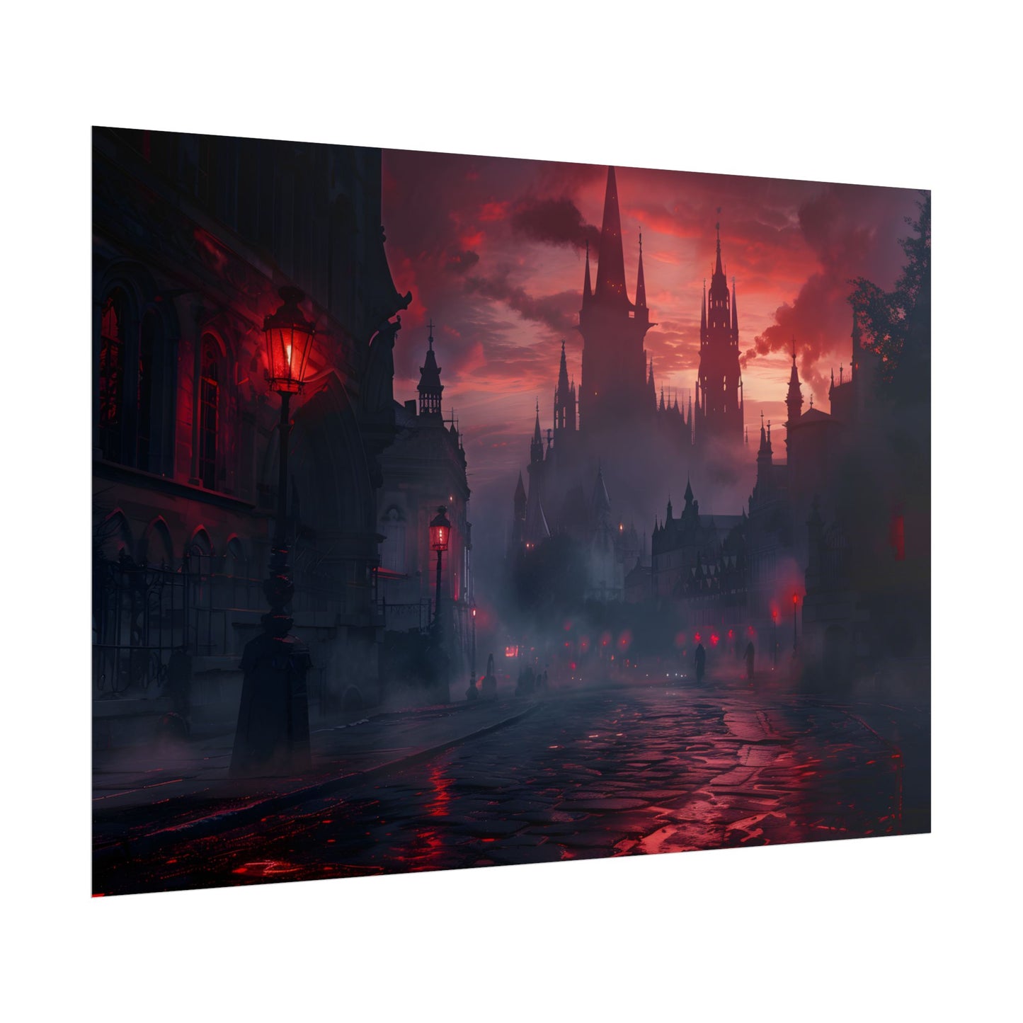 Gothic City Dusk: Pointed Arches and Misty Atmosphere - Poster