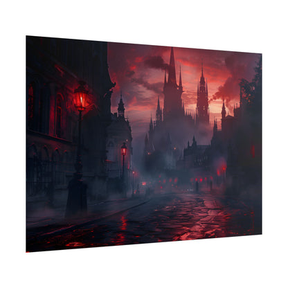 Gothic City Dusk: Pointed Arches and Misty Atmosphere - Poster