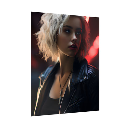 Cyberpunk Blonde: Closeup Portrait in Neon Hues - Poster