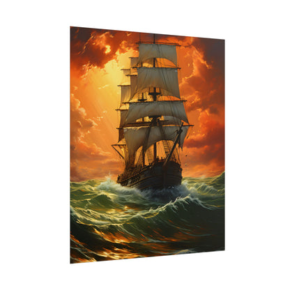 Nature's Serenity: Realistic Oil Painting of a Green Ship - Poster