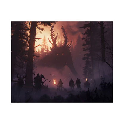 Serene Forest Sunset: Group Walking Through Misty Landscape - Poster