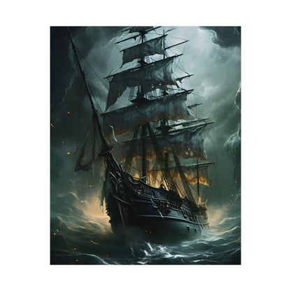 Ghostly Pirate Ship: Sailing Solo in Eerie Blue Skies - Poster