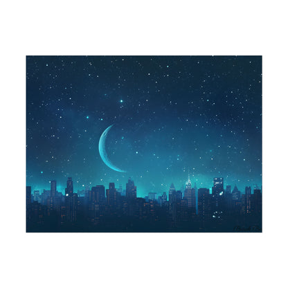 Starry Night Sky: Tranquil Dark Blue Scene with Crescent Moon - Poster