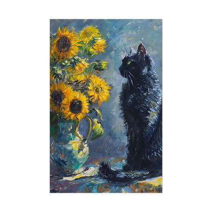 Whimsical Black Cat by Sunflowers: Serene Garden Art - Poster