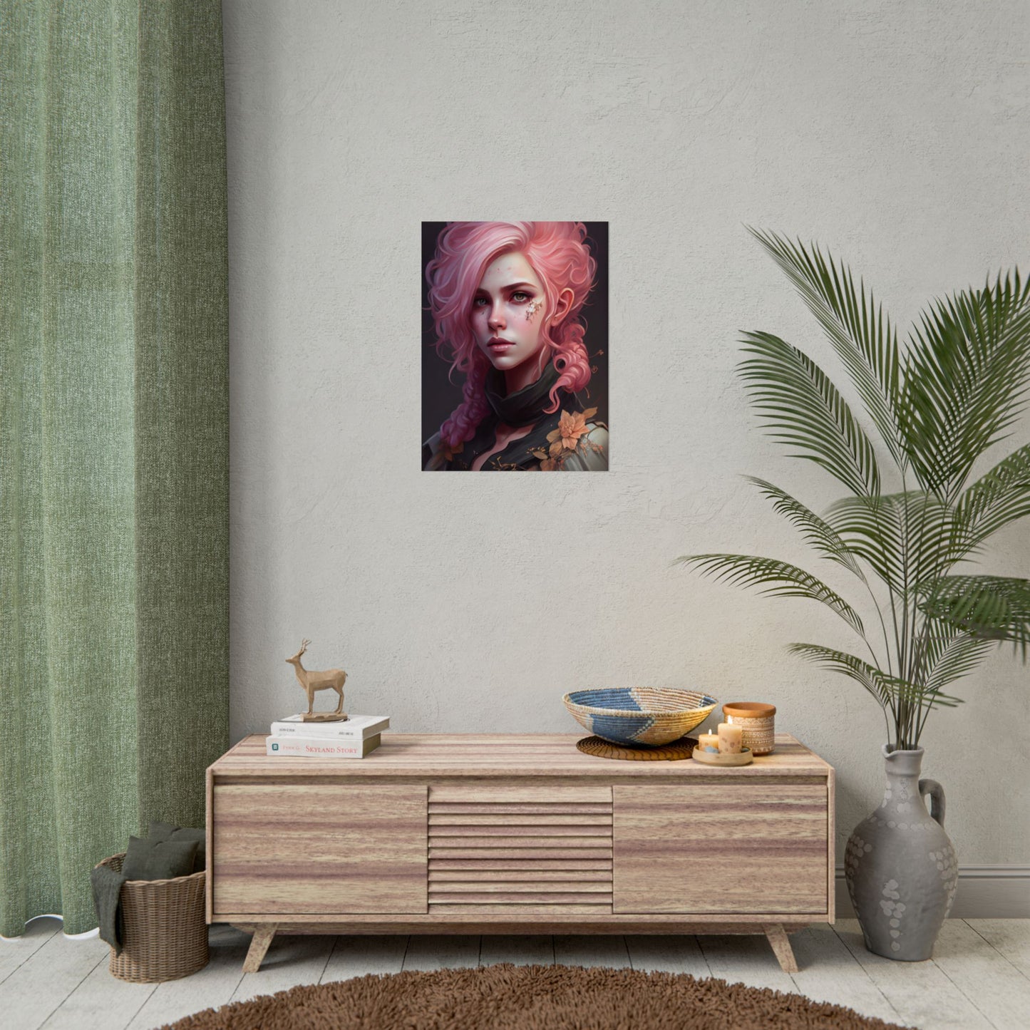 Astonishing Female Portrait: Vibrant Pink Hair in Dark Elegance - Poster