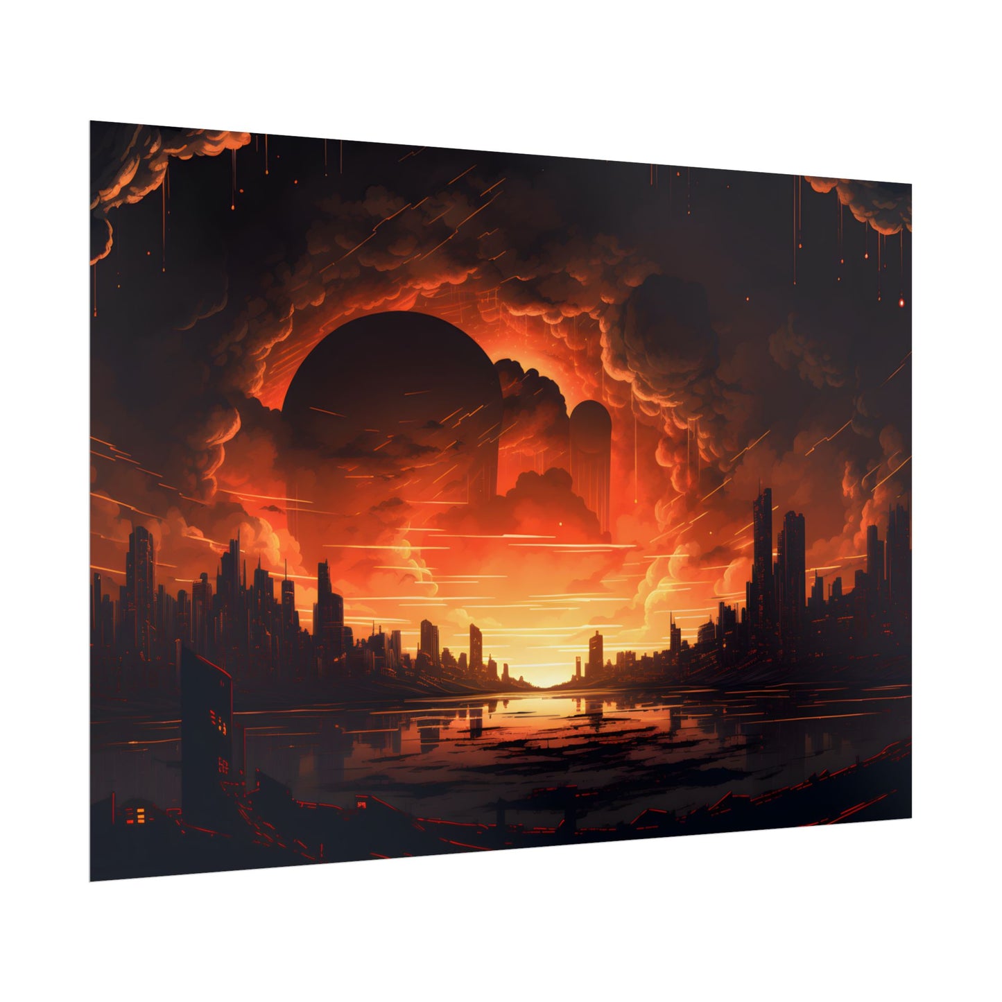 Futuristic Cyberpunk Night: Burning Cityscape Landscape Art - Poster