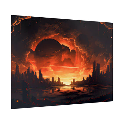 Futuristic Cyberpunk Night: Burning Cityscape Landscape Art - Poster